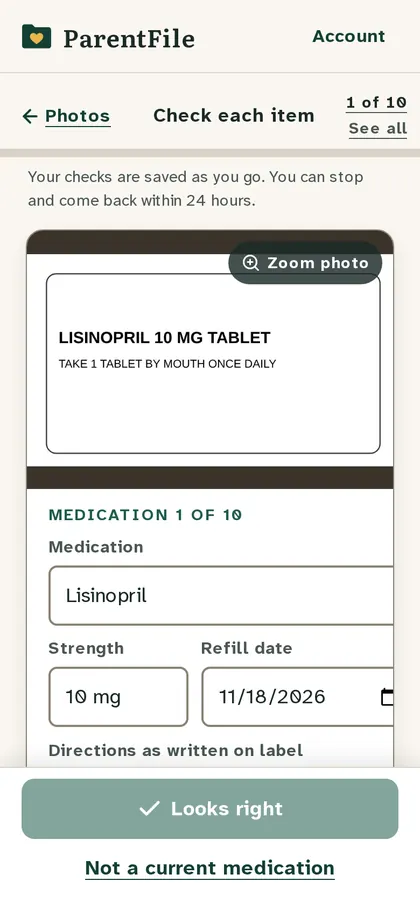 ParentFile confirm screen with sample data: each medication line shown under the label photo it came from, with Looks right and Not a current medication buttons