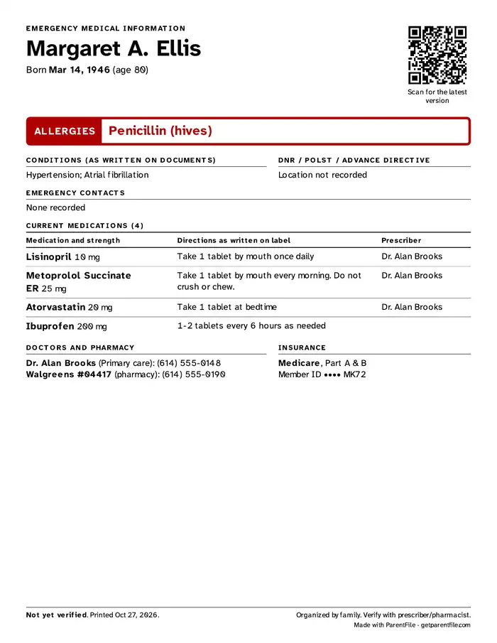 A finished one-page ER sheet with sample data: allergies, medications, doctors, insurance and a QR code
