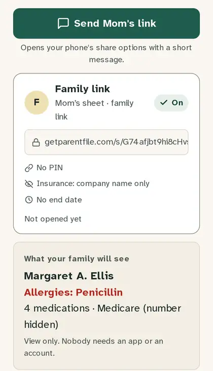 ParentFile's share screen with sample data: one view-only family link that siblings open without an app or account