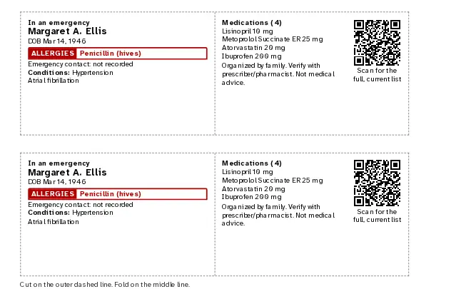 ParentFile wallet cards with sample data, two per page, ready to cut, fold and laminate